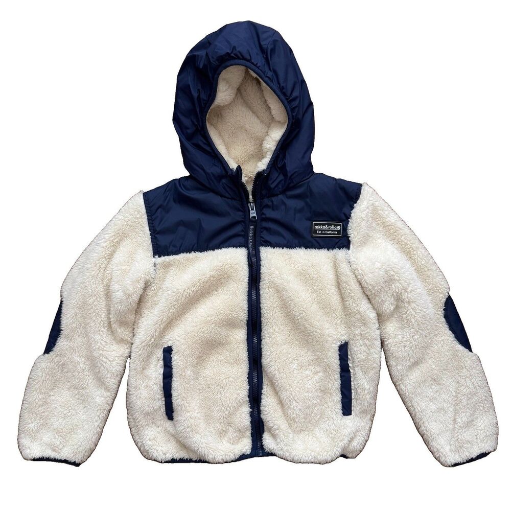 Rokka & Rolla Sherpa Fleece Jacket Youth M 8 Hooded Full Zip Navy Cream Cozy